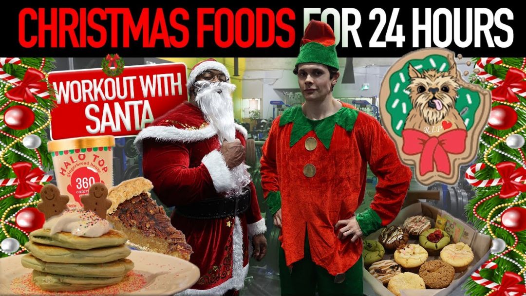 Only Eating CHRISTMAS FOODS For 24 HOURS | Holiday Pizza, Christmas Muffins & Workout W/ SANTA